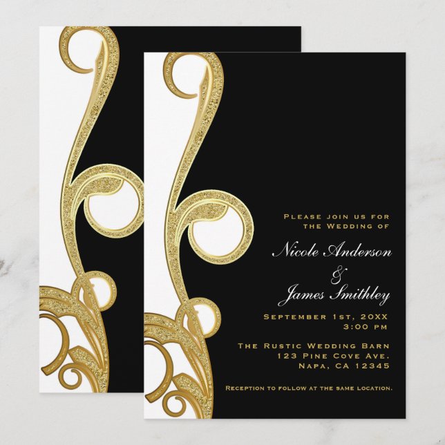 Convite Ouro Branco Chic Negro Elegante Redemoinho Casamen (Frente/Verso)