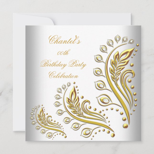 Convite Ouro Branco Qualquer Idade Floral Elegante Festa d (Frente)