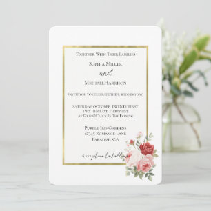 Convite Ouro Branco Rosas Rosa Vermelhas Floral Casamento