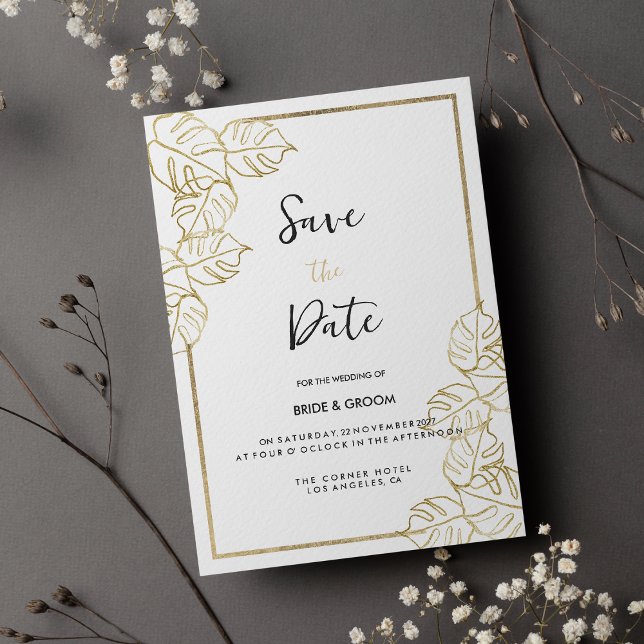 Convite Ouro branco sofisticado tropical Salvar a Data (Sophisticated white gold tropical Save the Date )