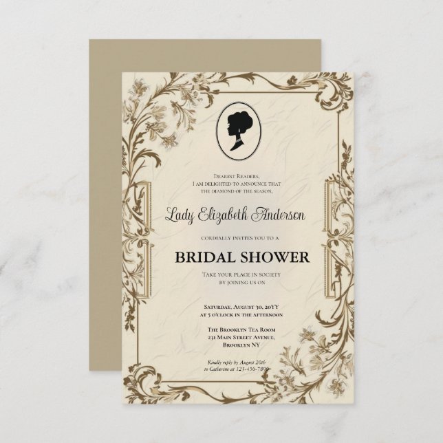 Convite ouro Bridgerton Chá de panela Invit da era da regê (Frente/Verso)