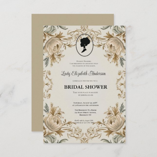 Convite ouro Bridgerton Chá de panela Invit da era da regê (Frente/Verso)