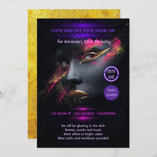 Convite Ouro brilhando no partido Dark Neon (Frente/Verso)