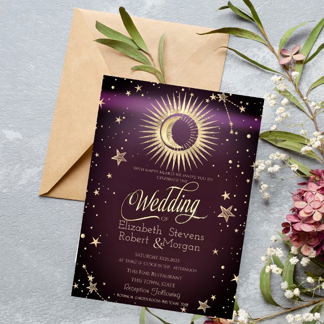 Convite Ouro Celestial Sol E Estrelas Lua Casamento Borgon (Criador carregado)