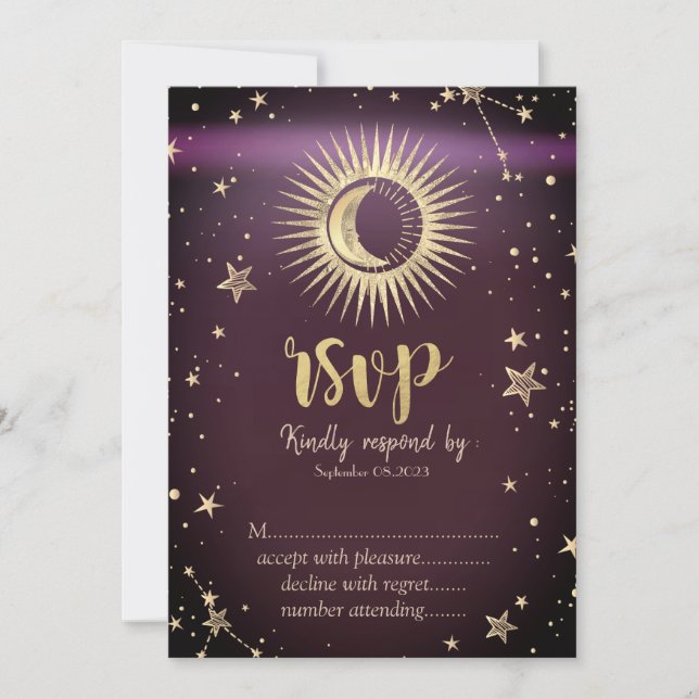 Convite Ouro Celestial Sol e Lua Estrelas Borgonha RSVP (Frente)