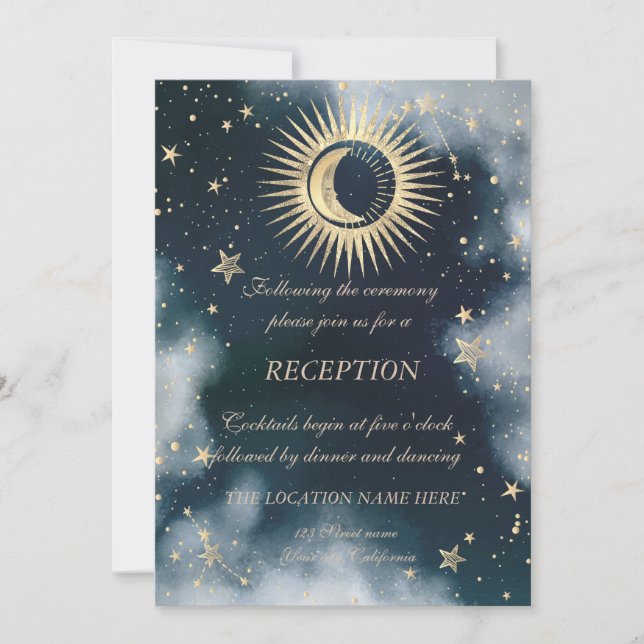 Convite Ouro Celestial Sol e Lua Estrelas Céu Noturno (Frente)
