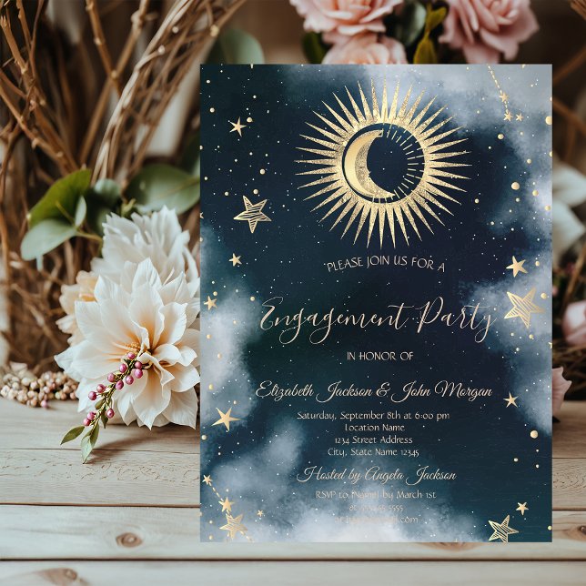 Convite Ouro Celestial Sol e Lua Estrelas Céu Noturno (Criador carregado)