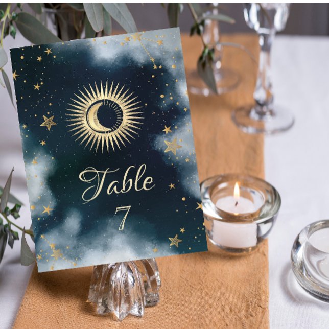 Convite Ouro Celestial Sol e Lua Estrelas Céu Noturno (Criador carregado)