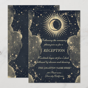 Convite Ouro Celestial Sol e Lua Estrelas Nuvens