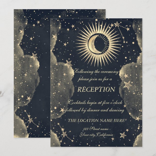Convite Ouro Celestial Sol e Lua Estrelas Nuvens (Frente/Verso)