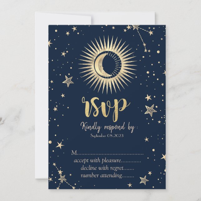 Convite Ouro Celestial Sol E Lua Estrelas RSVP (Frente)