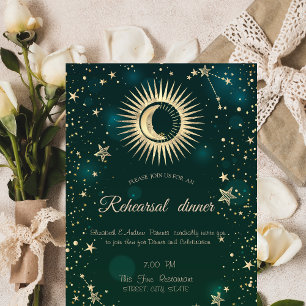 Convite Ouro Celestial Sol E Lua Estrelas Verde