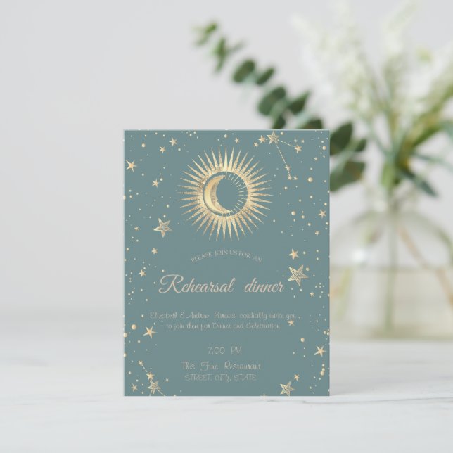 Convite Ouro Celestial Sol E Lua Estrelas Verde Hortelã (Em pé/Frente)