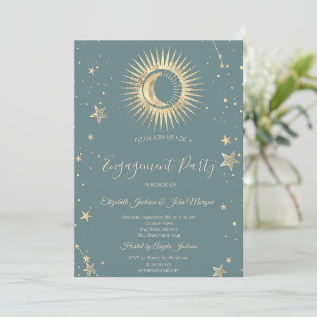 Convite Ouro Celestial Sol e Lua Estrelas Verde Menta (Em pé/Frente)
