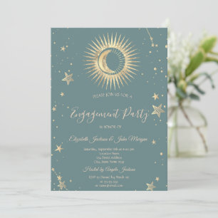 Convite Ouro Celestial Sol e Lua Estrelas Verde Menta