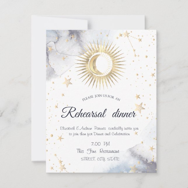 Convite Ouro Celestial Sol, Lua, Estrelas (Frente)