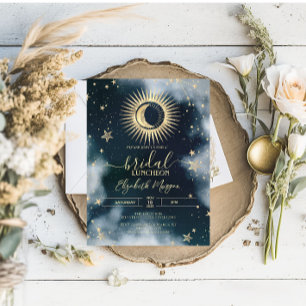 Convite Ouro Celestial Sol, Lua, Estrelas Céu Noturno Noiv