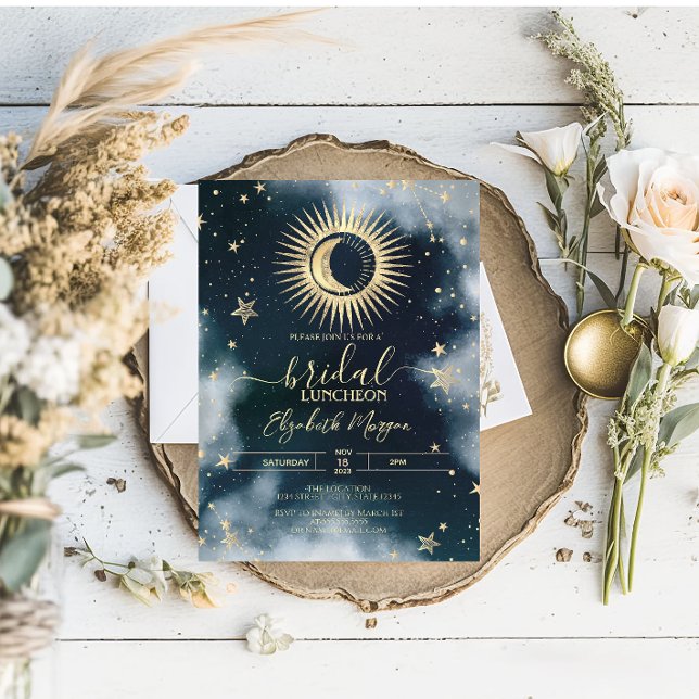 Convite Ouro Celestial Sol, Lua, Estrelas Céu Noturno Noiv (Criador carregado)
