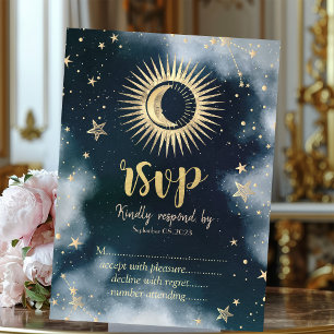 Convite Ouro Celestial Sol, Lua, Estrelas Céu Noturno RSVP
