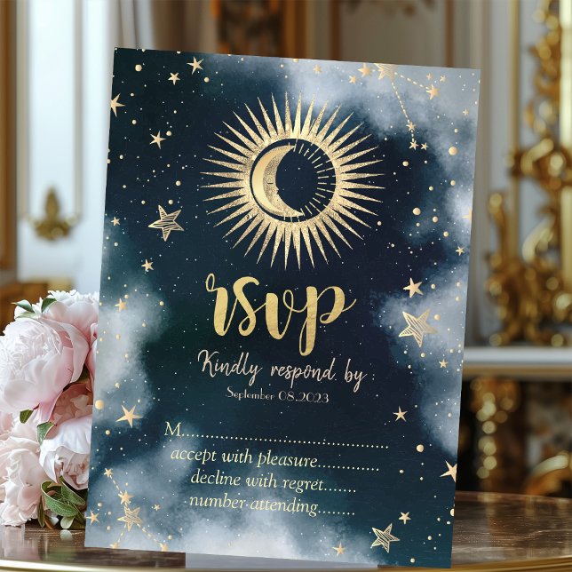 Convite Ouro Celestial Sol, Lua, Estrelas Céu Noturno RSVP (Criador carregado)
