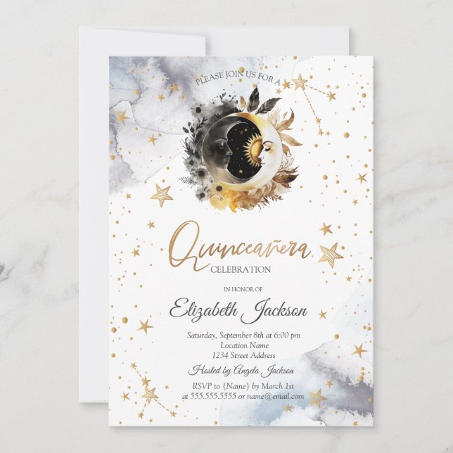 Convite Ouro Celestial Sol, Lua, Estrelas Flor Quinceanera (Frente)