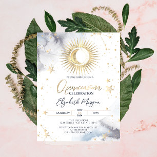 Convite Ouro Celestial Sol, Lua, Estrelas Quinceanera