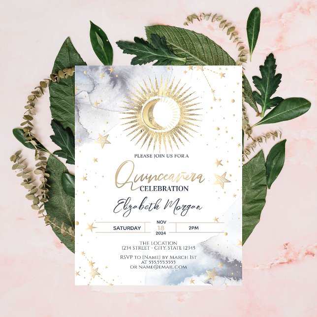 Convite Ouro Celestial Sol, Lua, Estrelas Quinceanera (Criador carregado)