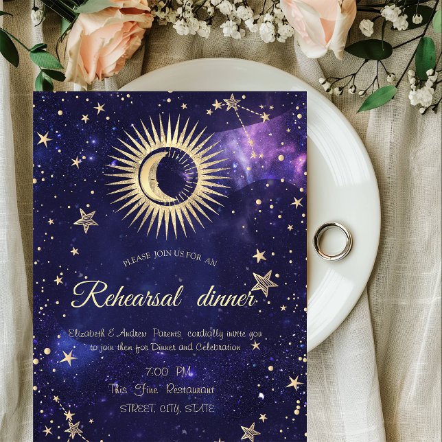 Convite Ouro Celestial Sol, Lua, Estrelas Roxo (Criador carregado)