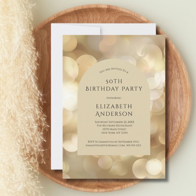 Convite Ouro Champagne Bokeh Arch 50th Birthday (Gold Champagne Bokeh Arch 50th Birthday invitation for him or her. Printed or Digital)