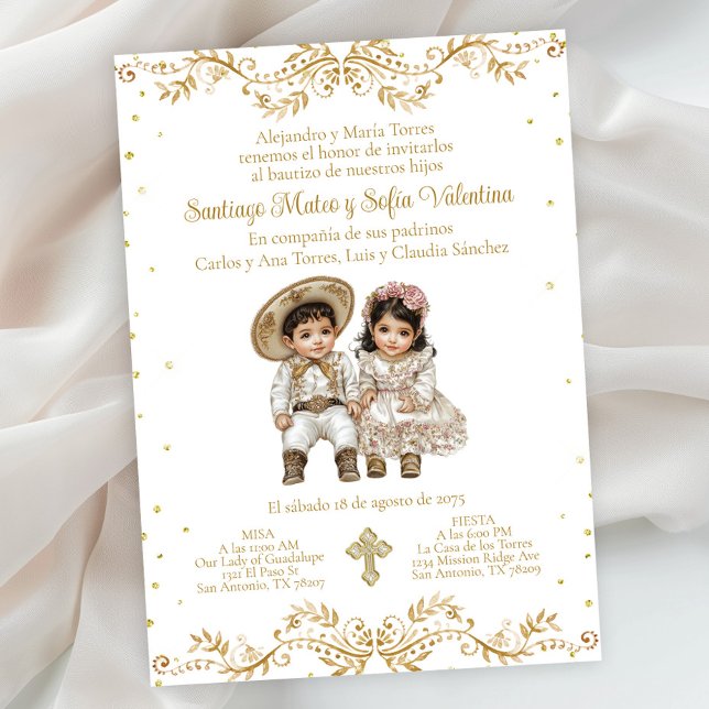 Convite Ouro Charro e Charra Twin Batismo Espanhol (Gold Charro and Charra baptism invitation. Simply add your event details. )