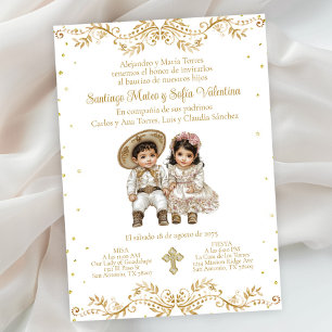 Convite Ouro Charro e Charra Twin Batismo Espanhol