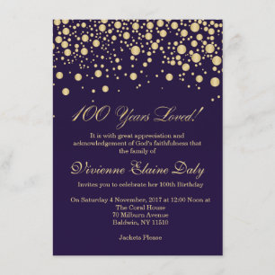 Convite Ouro confetti na Festa de aniversário roxa 100