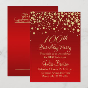 Convite Ouro confetti no 100º Aniversário Vermelho
