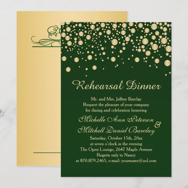 Convite Ouro confetti no Janto de ensaio verde (Frente/Verso)