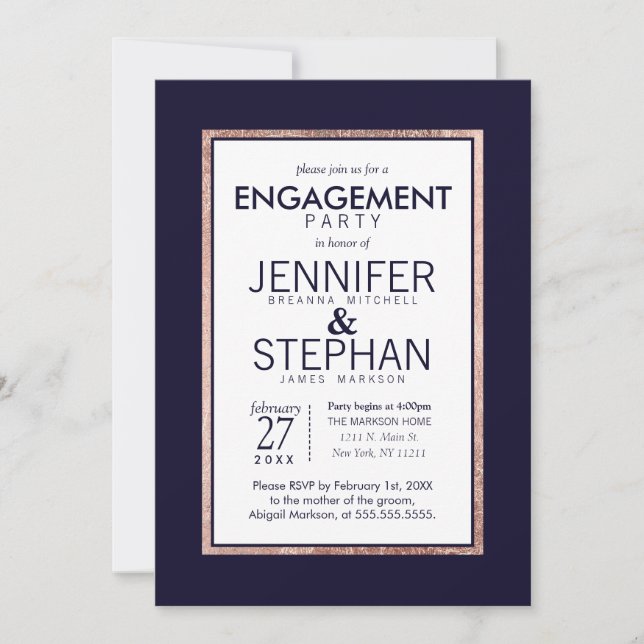 Convite Ouro cor-de-rosa simples festa de noivado alinhada (Frente)