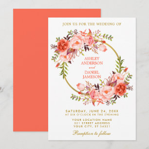 Convite Ouro coral do casamento da grinalda floral da
