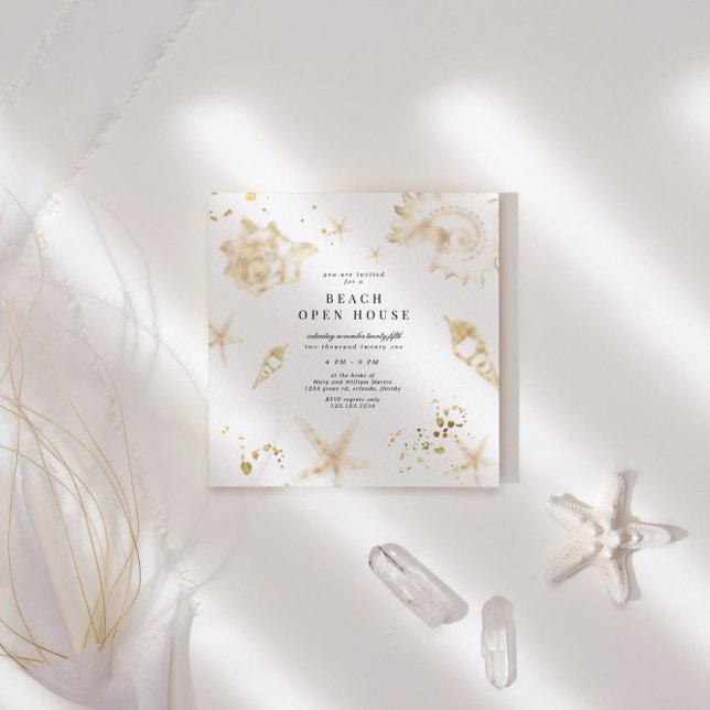 Convite Ouro Costeiro Elegante Quadrado Aberto (Criador carregado)