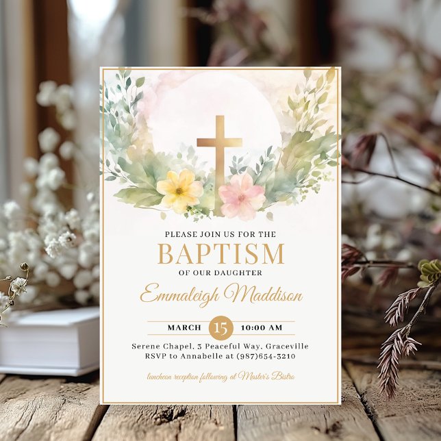 Convite Ouro Cross Florals Christening ou Baptism (Criador carregado)