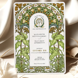 Convite Ouro Daisies & Green Foliage Art Nouveau Casamento