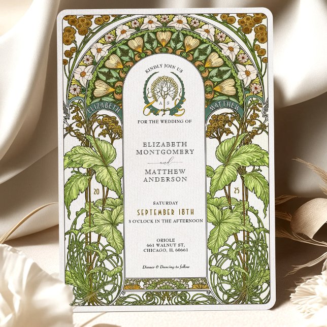 Convite Ouro Daisies & Green Foliage Art Nouveau Casamento (Criador carregado)