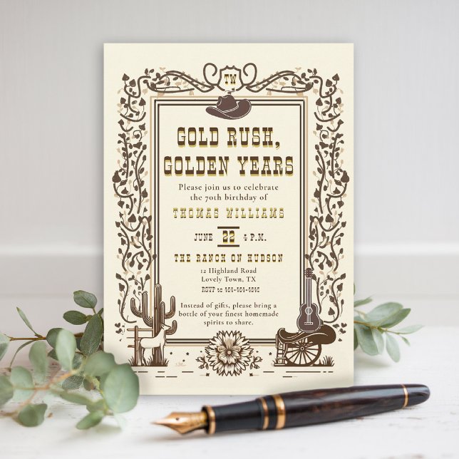 Convite Ouro de anos de russa Dourado no aniversário da vi (men birthday party invitation golden year senior western old west country cowboy rustic botanical)