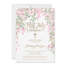 Ouro de aquarela floral rosa Primeira Comunhão San