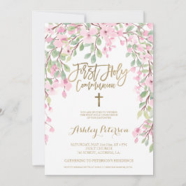 Convite Ouro de aquarela floral rosa Primeira Comunhão San