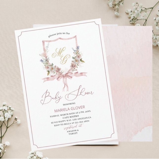 Convite Ouro de aquarela Flores rosa creme bebê Showe (Criador carregado)