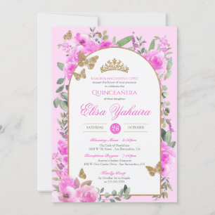 Convite Ouro de Aquarela Rosa Quentora-mosca Quinceañera