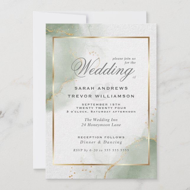 Convite Ouro de Casamento Verde Sage Silenciado  (Frente)