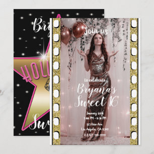 Convite Ouro de Filme de Hollywood Estrela Rosa Doce 16