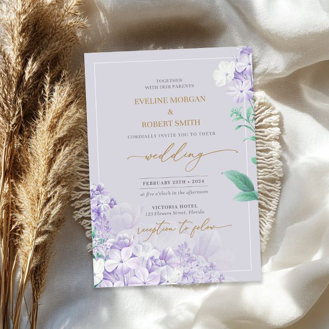 Convite Ouro de flor primavera lilás, de cor impermeável (Elegant watercolor purple spring lilac flower gold invitation)