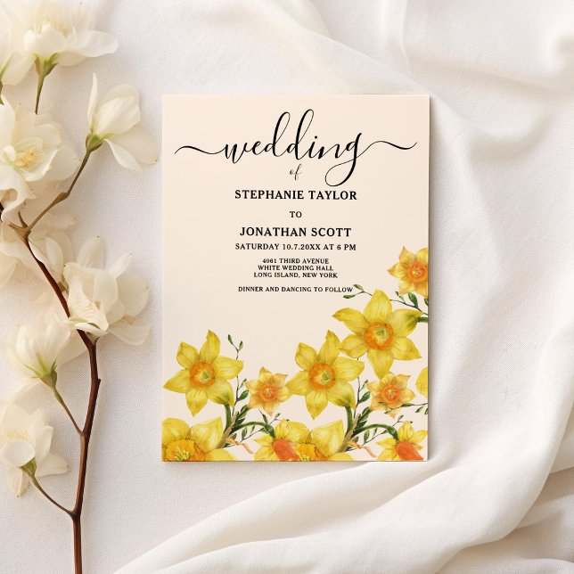 Convite Ouro de marfim botânico daffodils flores casamento (Botanical ivory golden daffodils flowers wedding)