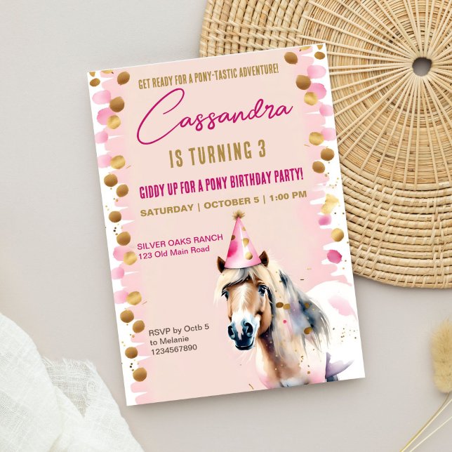 Convite Ouro de pônei, festa de aniversário fofo, aspersor (Pony birthday party template invitation digital download cute pony horse wearing party hat gold pink)